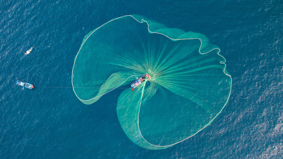 Releasing nets to catch fish in Dai Lanh Sea, Phu Yen. Photo taken in Phu Yen, Vietnam in June 2022.